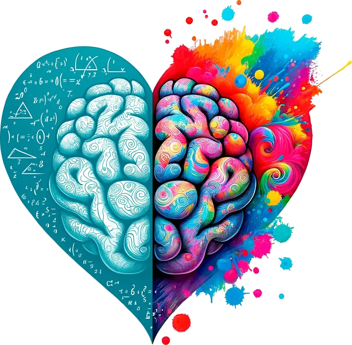 Un cœur partagé en deux : à gauche un cerveau blanc sur bleu canard, à droite un cerveau en couleurs