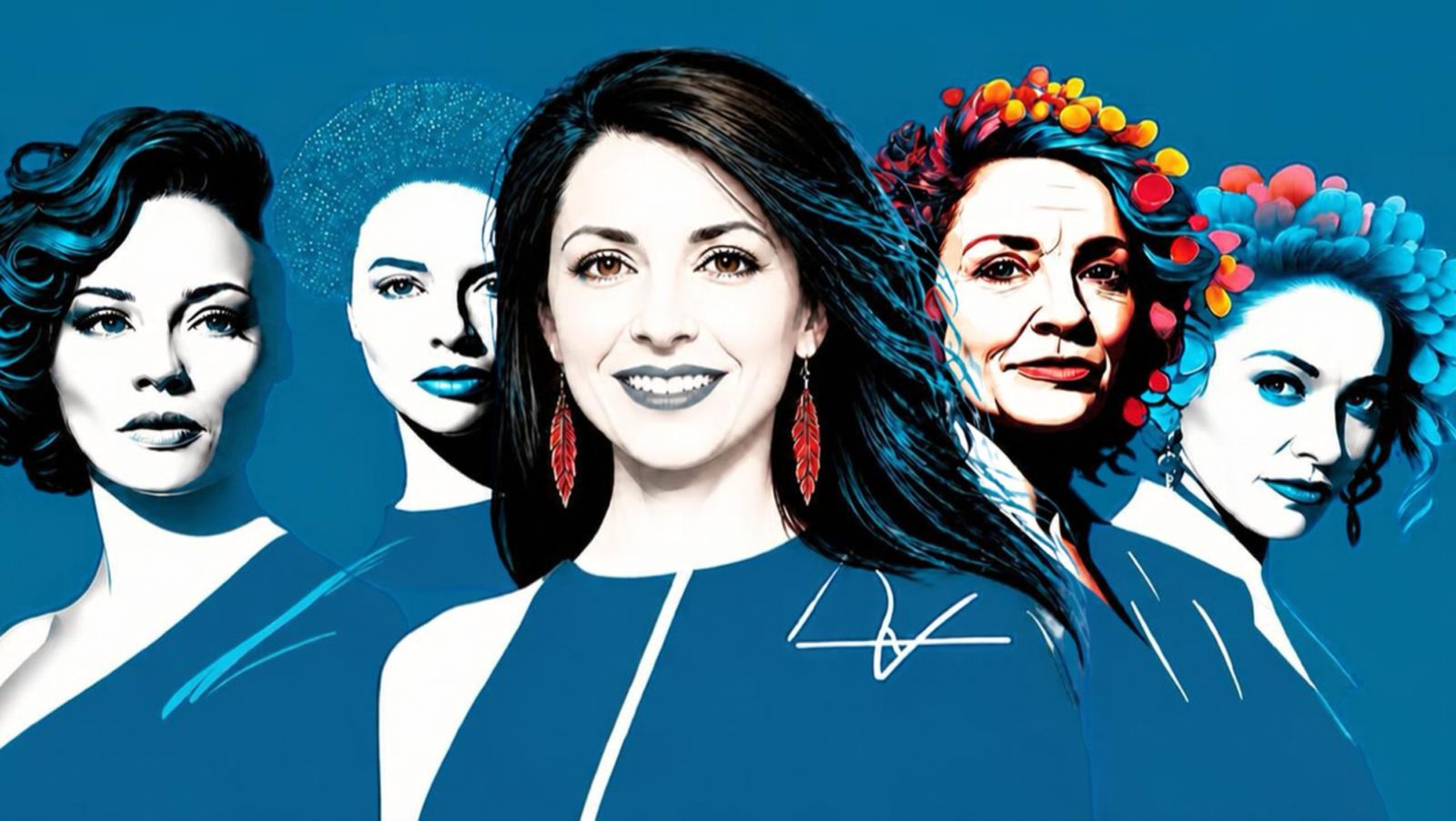 Illustration en bleu canard : des visages de femmes de tous âges, côte à côte